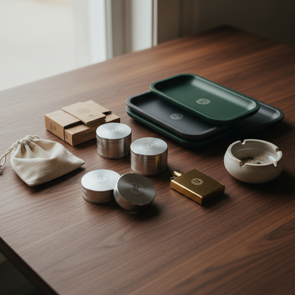 Custom-branded cannabis accessories flat-lay