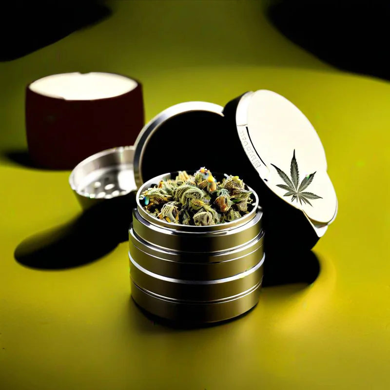 An assortment of custom weed grinders displayed on a wooden surface.