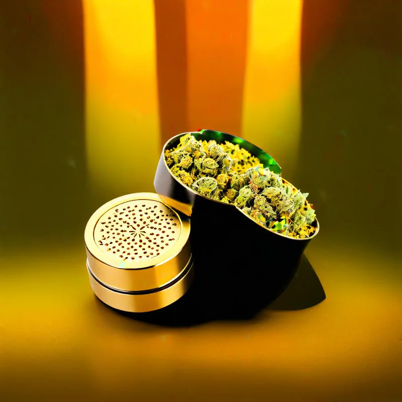 A branded custom grinder with a logo partially obscured.