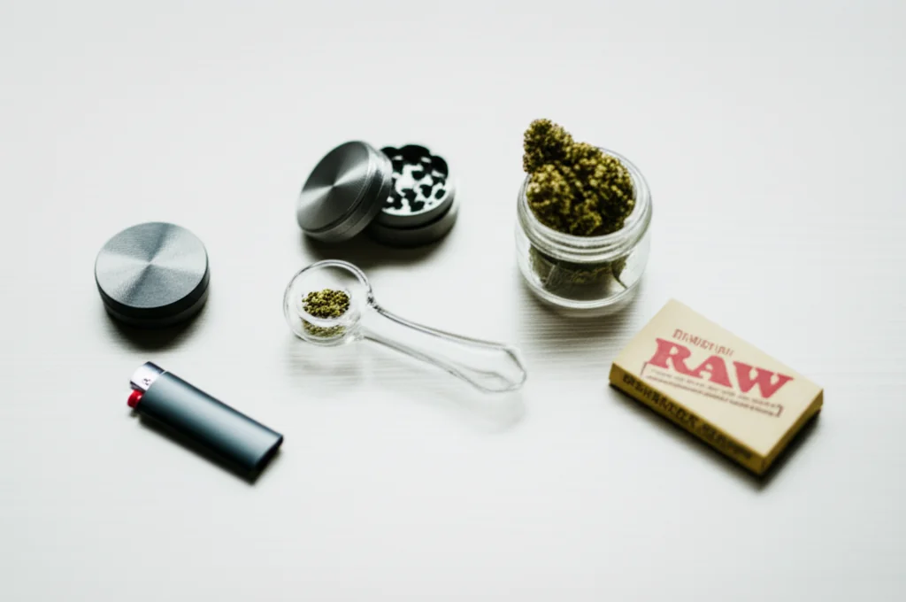 Beginner cannabis setup with small glass pipe, compact grinder, storage jar with cannabis buds, hemp rolling papers, filter tips, and lighter arranged in welcoming semi-circle on clean wooden surface