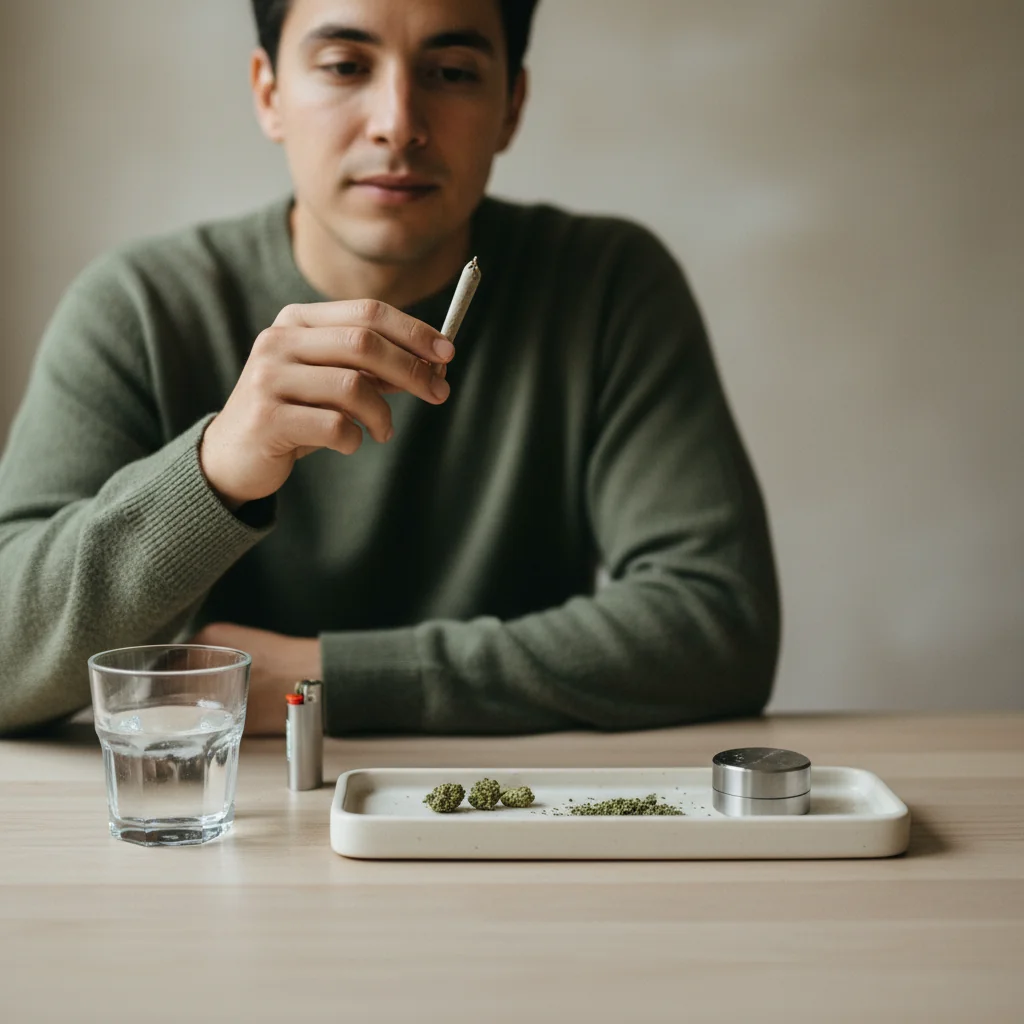 A relaxed first-time smoker holding a small joint with a glass of water and a clean rolling tray nearby, demonstrating a calm beginner-friendly cannabis session