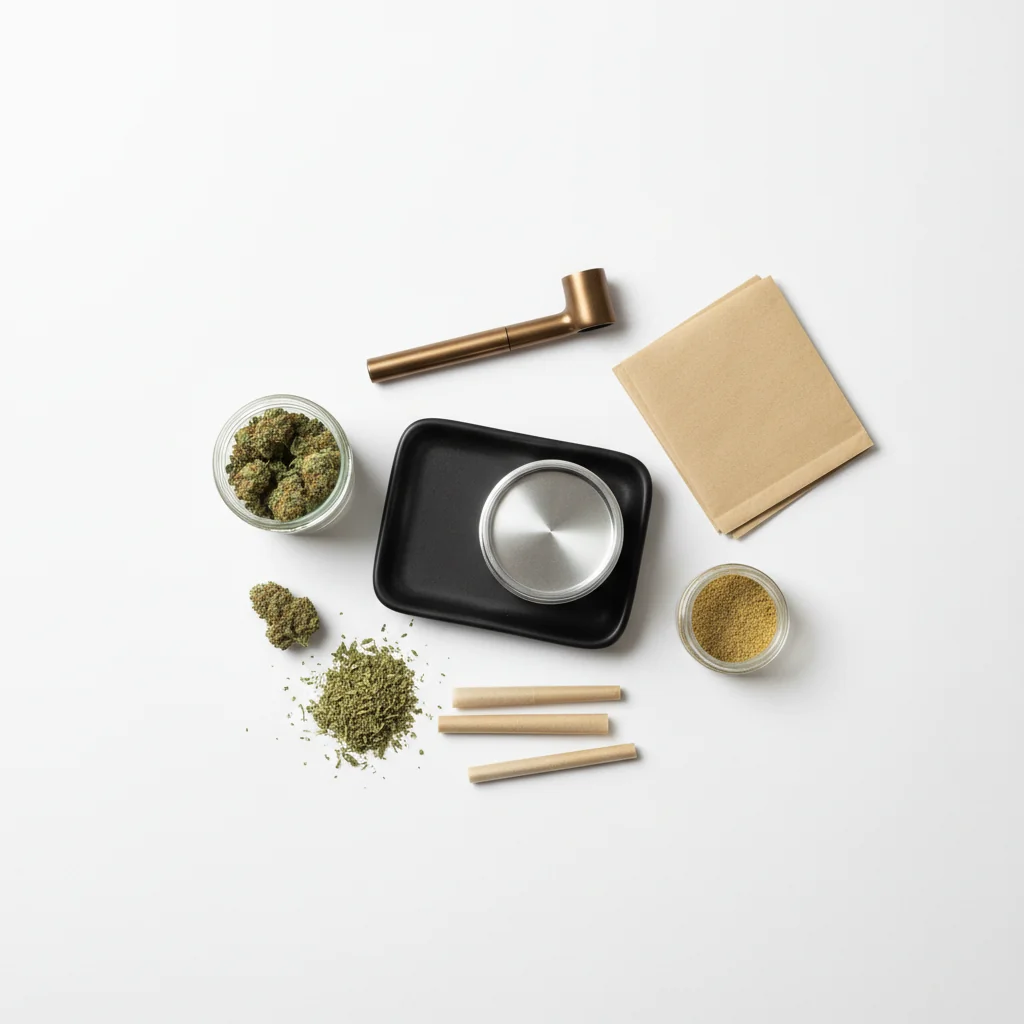 Cannabis microdosing setup with small measured doses, tincture dropper, and journal for tracking