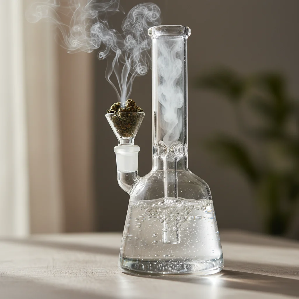 A clear glass bong sitting on a wooden table with a cone-shaped bowl, a downstem submerged in water, and visible smoke filtration showing how a bong works