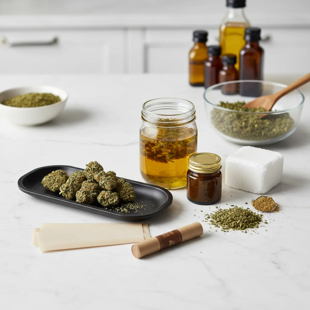 Cannabis infused oil in glass jar with flower and ingredients