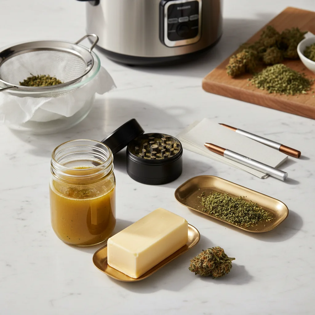 Homemade cannabutter in a glass jar with cannabis flower