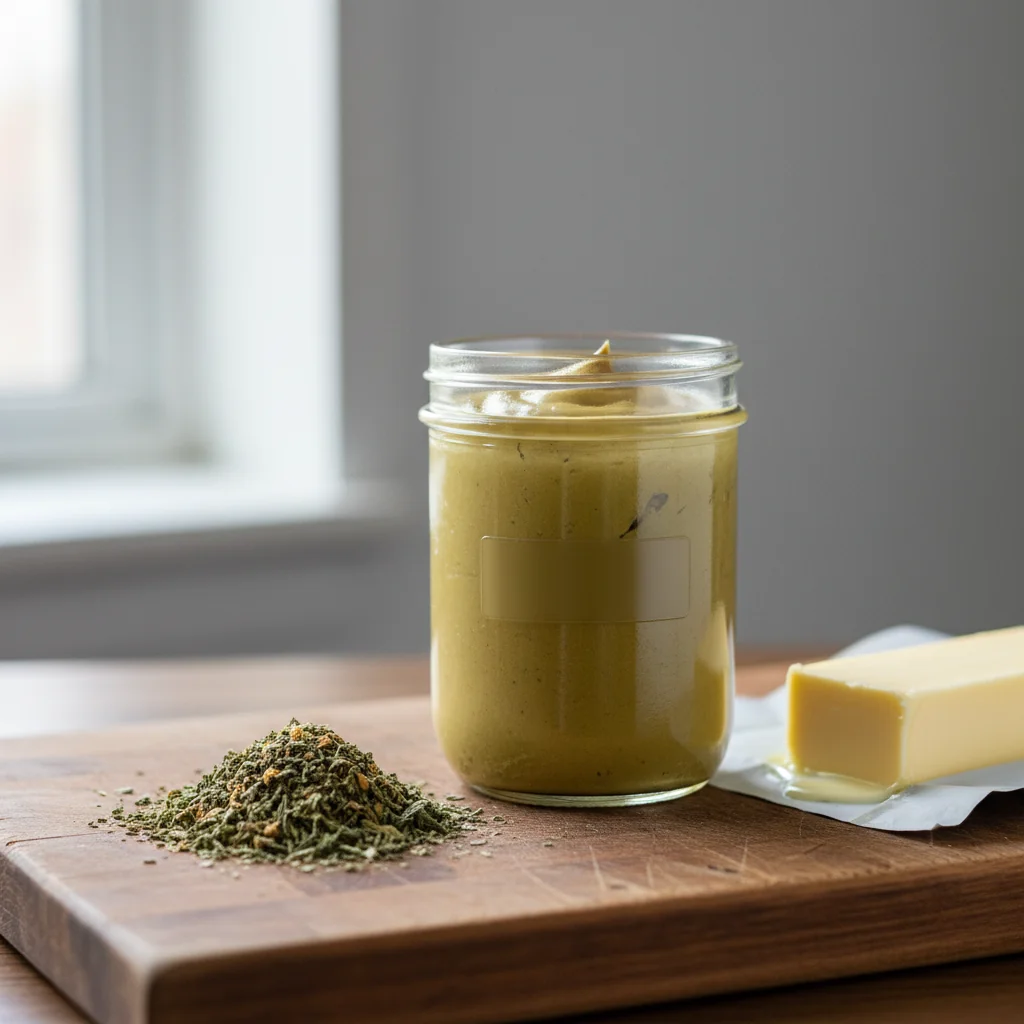 A glass jar of golden green cannabutter on a wooden cutting board next to a small pile of cannabis shake and a stick of butter, illustrating the homemade infusion process