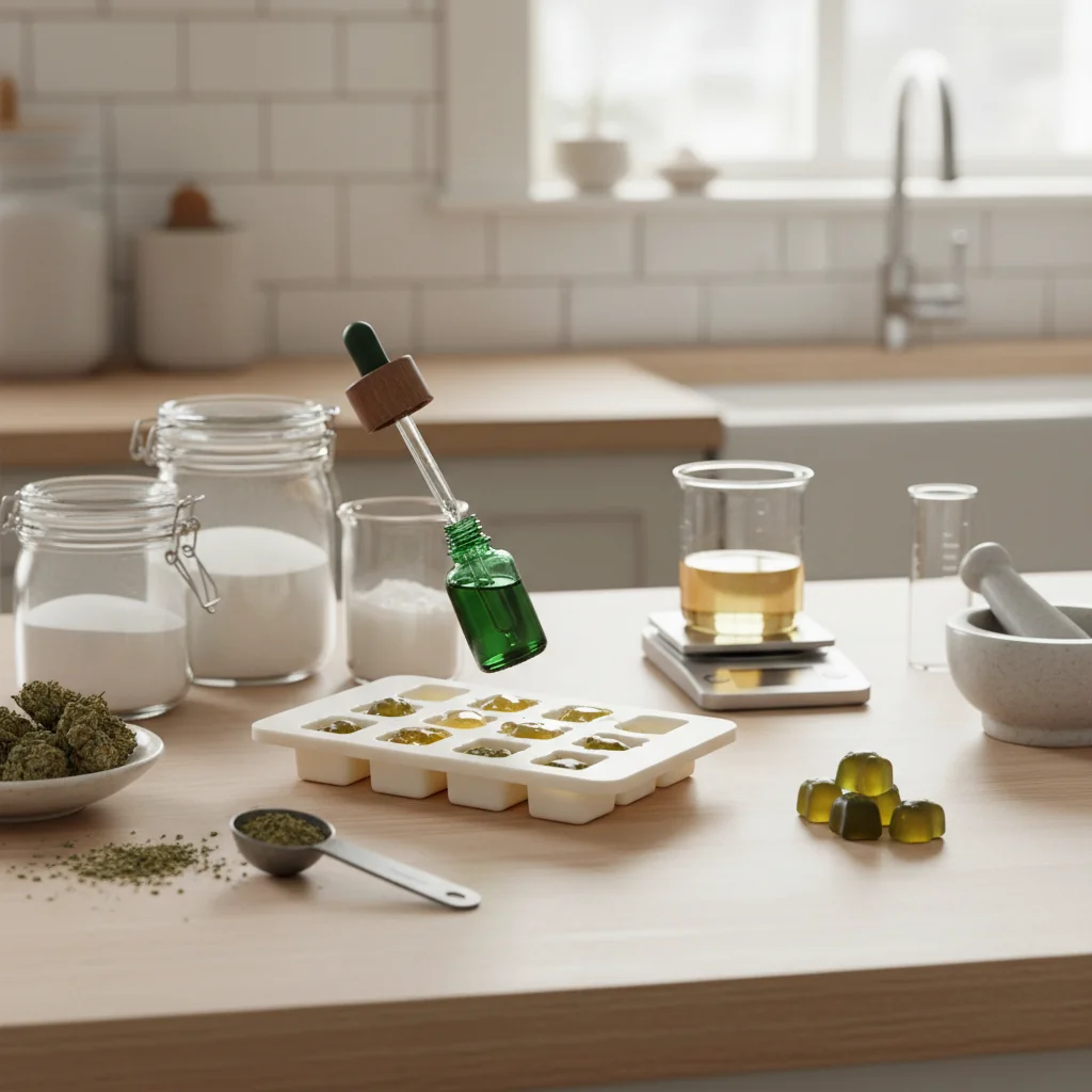 A clean kitchen counter with a silicone gummy mold being filled with translucent red and green cannabis gummies, alongside the ingredients and a small jar of tincture