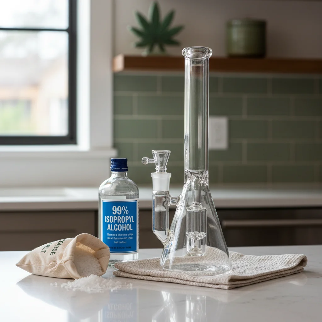 A clean glass bong sitting on a counter next to a bottle of isopropyl alcohol, a box of coarse sea salt, and a clean dish towel ready for the cleaning process