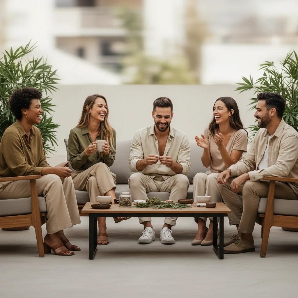 A friendly group of adults relaxing on a sunny patio with one rolling a joint and others laughing, illustrating modern cannabis culture beyond the old stoner stereotype