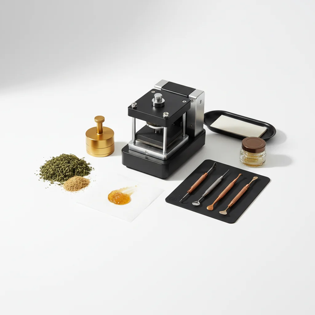 Rosin press machine with fresh golden rosin on parchment paper