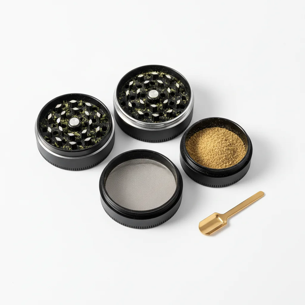 Golden kief collected in grinder showing trichome crystals