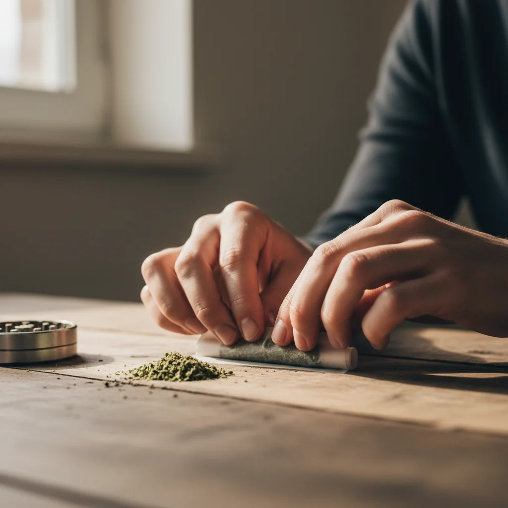Hands rolling a joint with rolling papers on a flat wooden surface without a filter or crutch