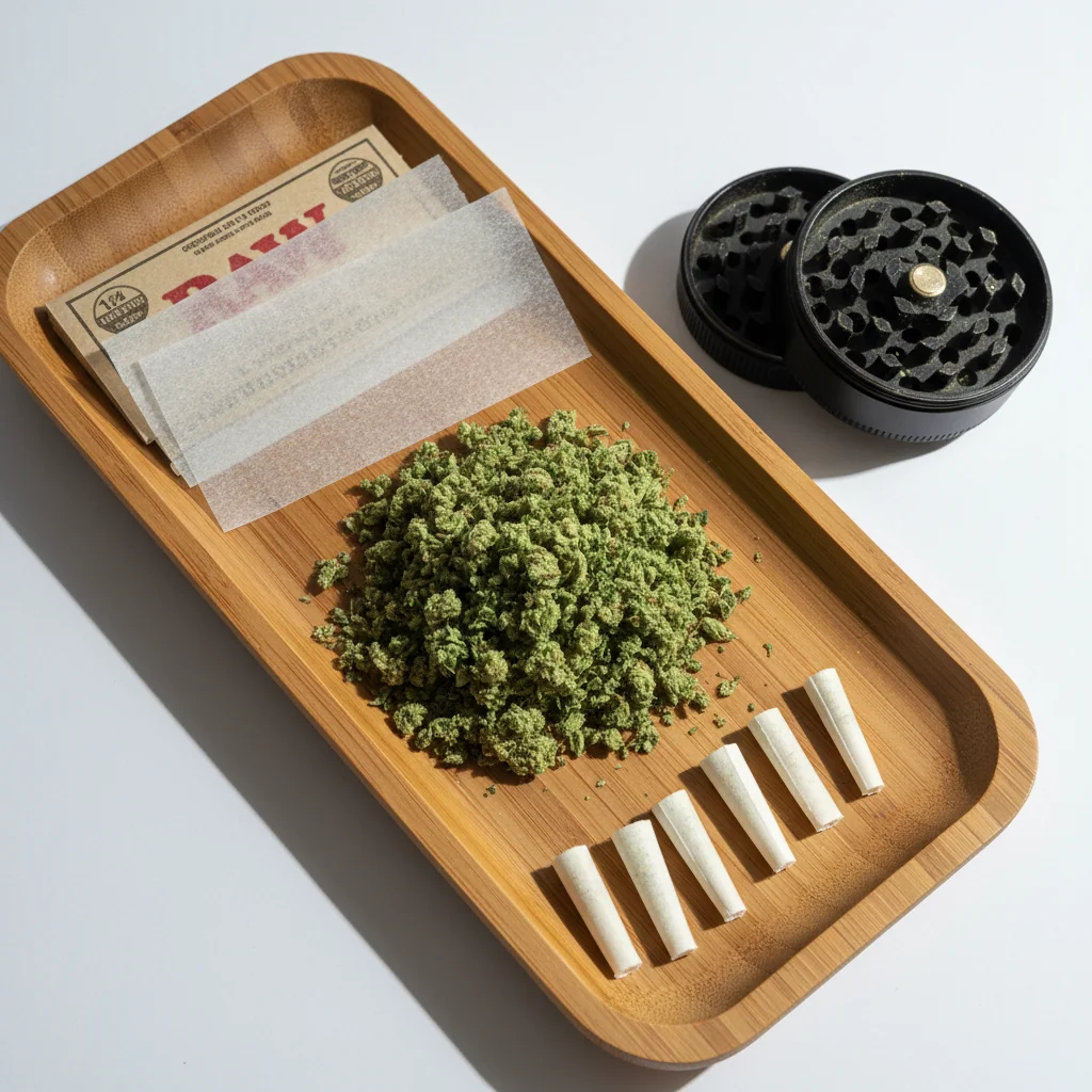 Hands rolling a joint with cannabis and rolling papers