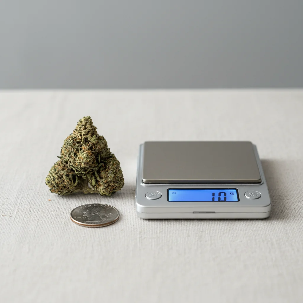 A digital scale displaying 1.0 gram next to a small pile of cannabis flower with a quarter coin for size reference, illustrating what a gram of weed looks like