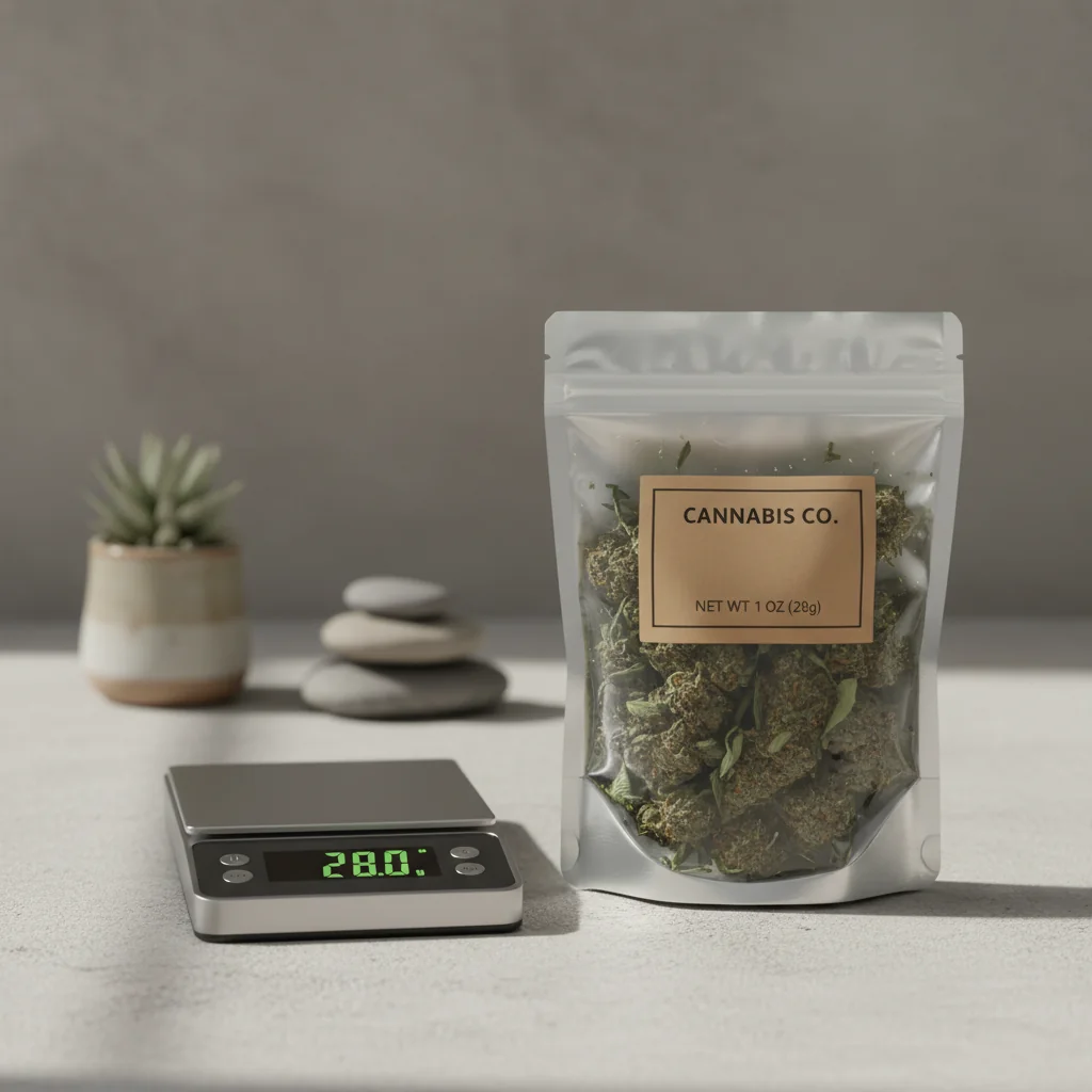 A digital scale displaying 28 grams of cannabis flower next to a zip-lock bag, illustrating the standard weight of a zip of weed
