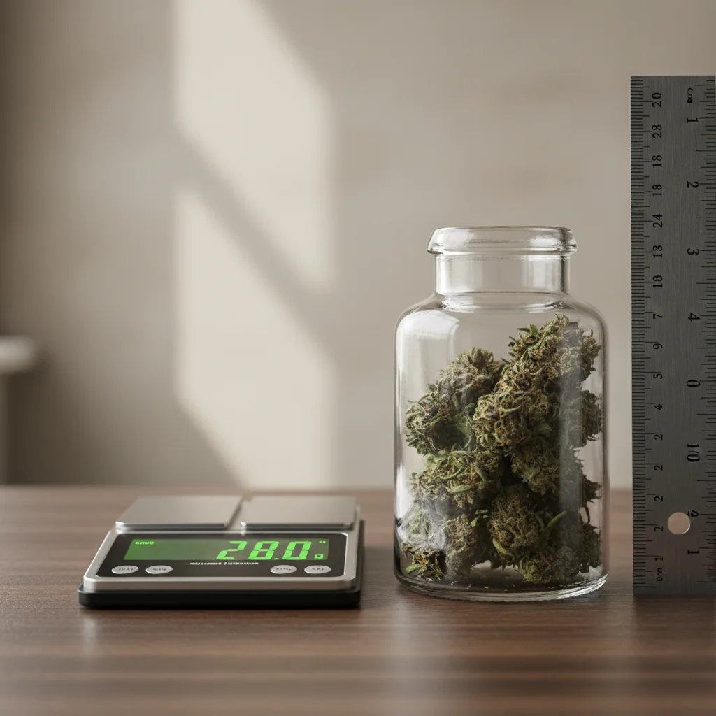 A digital scale displaying 28.0 grams next to a clear jar of cannabis flower with a ruler for size reference, illustrating what an ounce of weed looks like