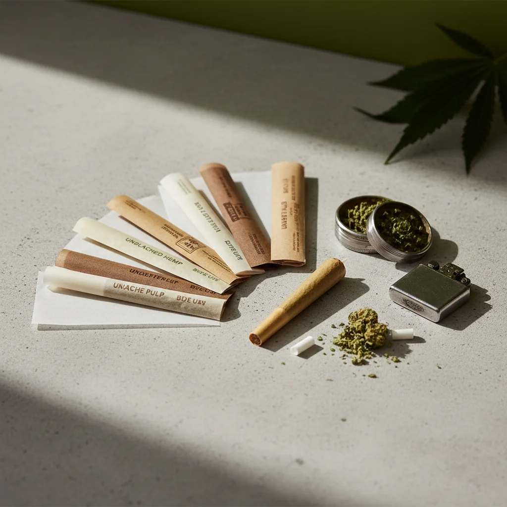 A flat lay of several rolling paper booklets showing different brands and materials including hemp, rice, and unbleached papers, alongside a finished rolled joint