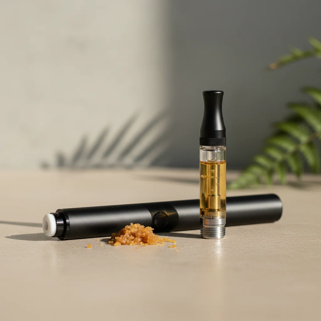 A side-by-side comparison of a dab pen with loose wax concentrate beside a 510-thread vape cart filled with golden distillate, on a clean dark surface