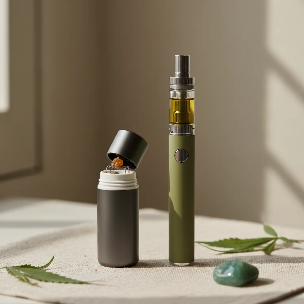 Side-by-side comparison of a dab pen with an open atomizer chamber and a slim vape pen with a 510-thread cartridge attached, on a clean dark background