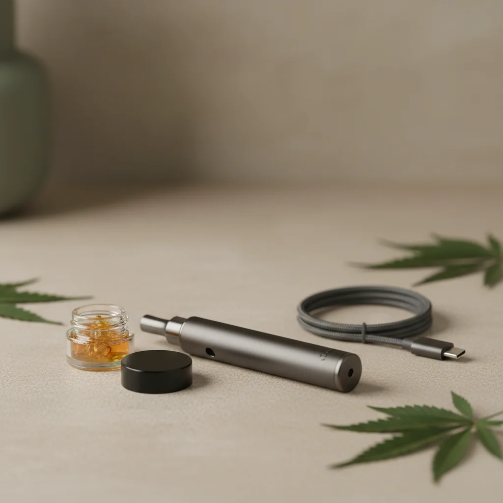 A handheld portable dab pen sitting beside a small glass jar of golden cannabis concentrate, with a USB-C charging cable, on a clean dark surface