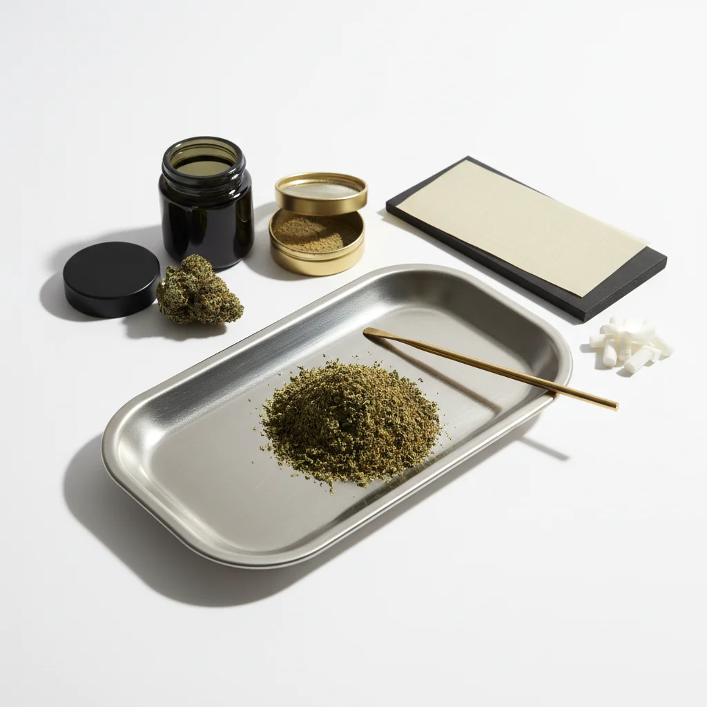 Creative workspace with art supplies and cannabis for artistic inspiration