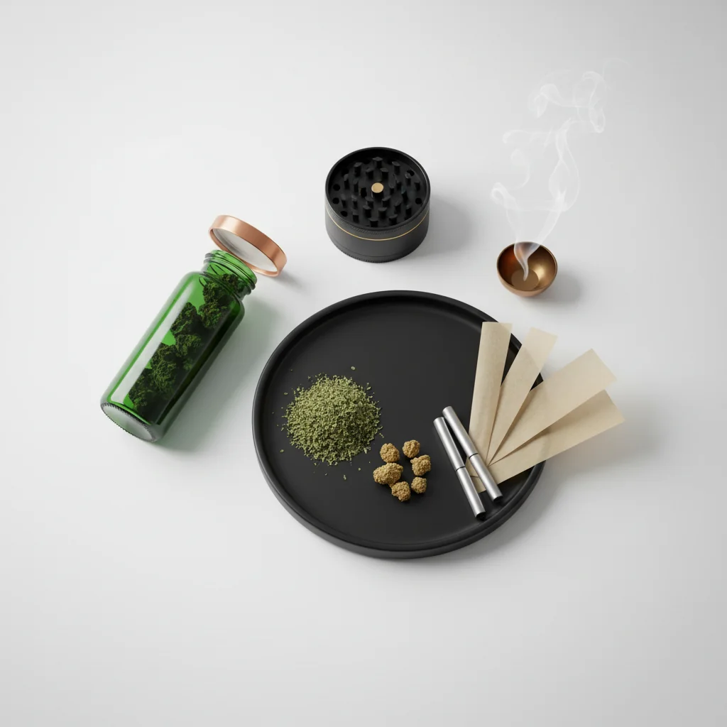 Peaceful meditation setting with cannabis and zen elements