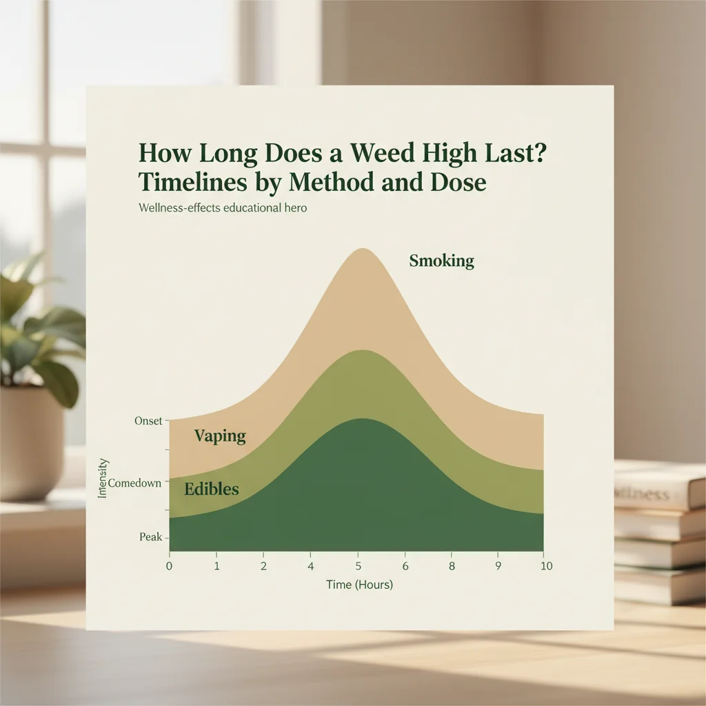 A clean infographic illustrating the timeline of a cannabis high from onset to peak to comedown across smoking, vaping, and edible methods