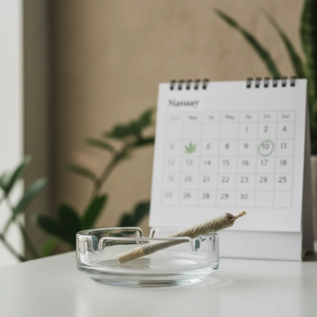 A small joint resting in a clean glass ashtray with a calendar visible in the background, suggesting a brief light cannabis exposure and the question of detection time