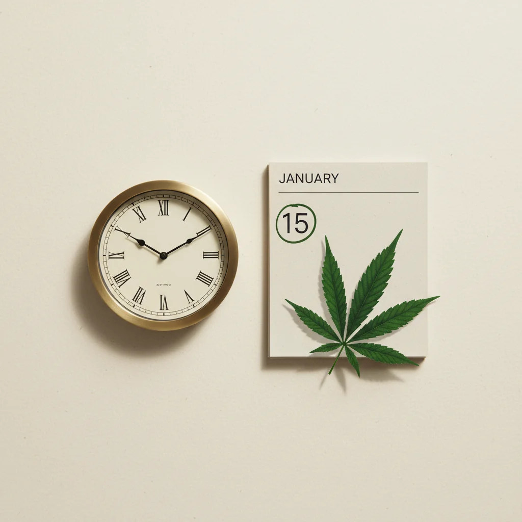 Cannabis leaf alongside a urine test cup and clock representing detection windows for how long weed stays in your system