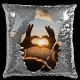 Sequin pillow with heart hands silhouette and serene sunset, symbolizing love and connection.