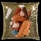 Glamorous gold sequin pillow revealing a heartwarming embrace between a woman and child.