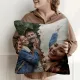 Joyful woman holds decorative pillow showcasing friends enjoying a vibrant outdoor moment together.