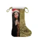 Festive personalized Christmas stocking with a joyful woman, Santa hat, and glittering gold decor.