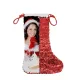 Vibrant red and white Christmas stocking with sequins and festive Santa-themed design.
