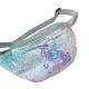 Colorful unicorn sequin fanny pack with adjustable strap, perfect for fun, playful outfits.