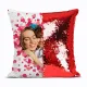 Cheerful heart and shimmering sequin pillow with a warm photo of a woman and child.