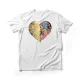 Interactive sequin heart t-shirt showcasing cheerful images on a playful blue background.