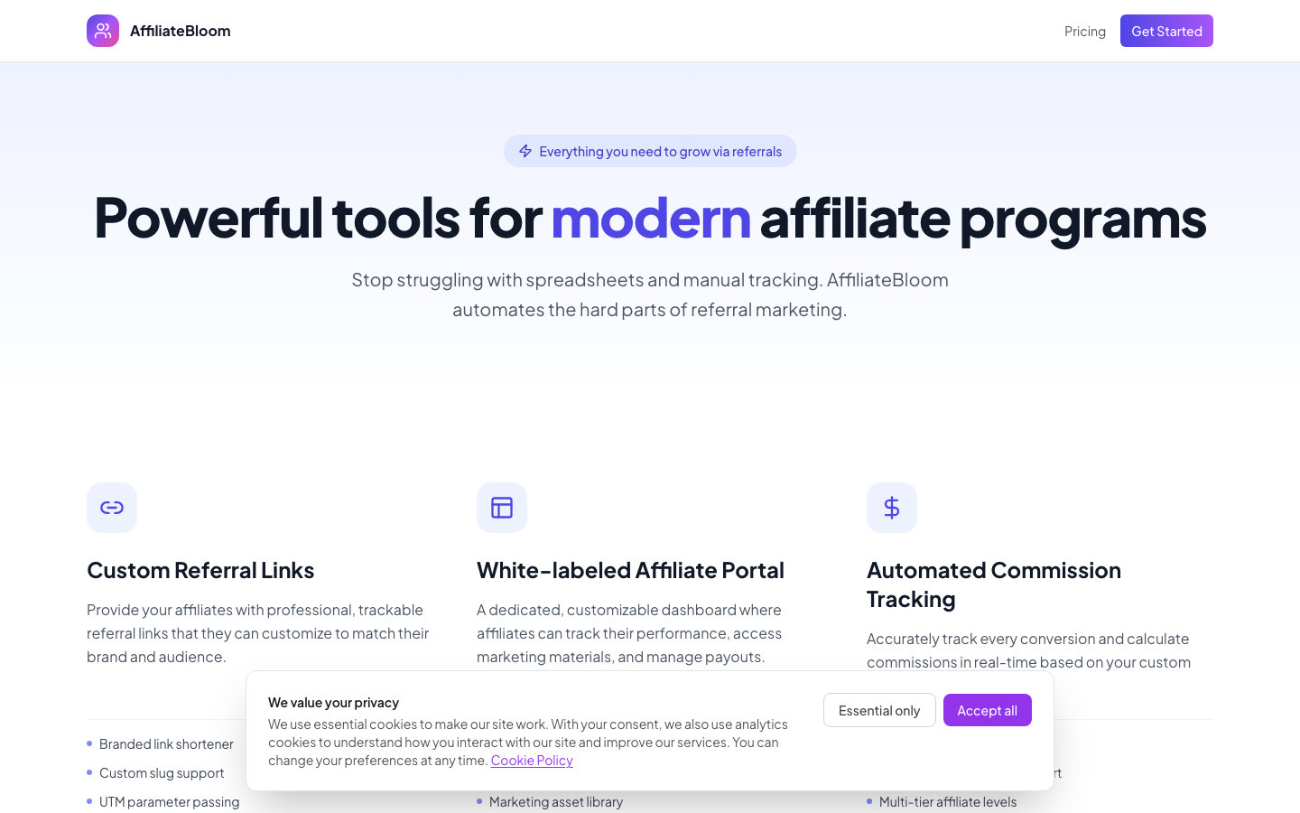 AffiliateBloom features including referral links and automated payouts