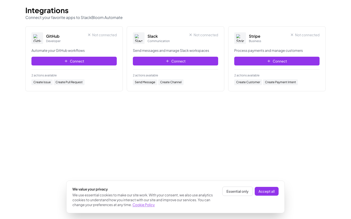 Integrations page showing connected services like Slack, GitHub, and Stripe