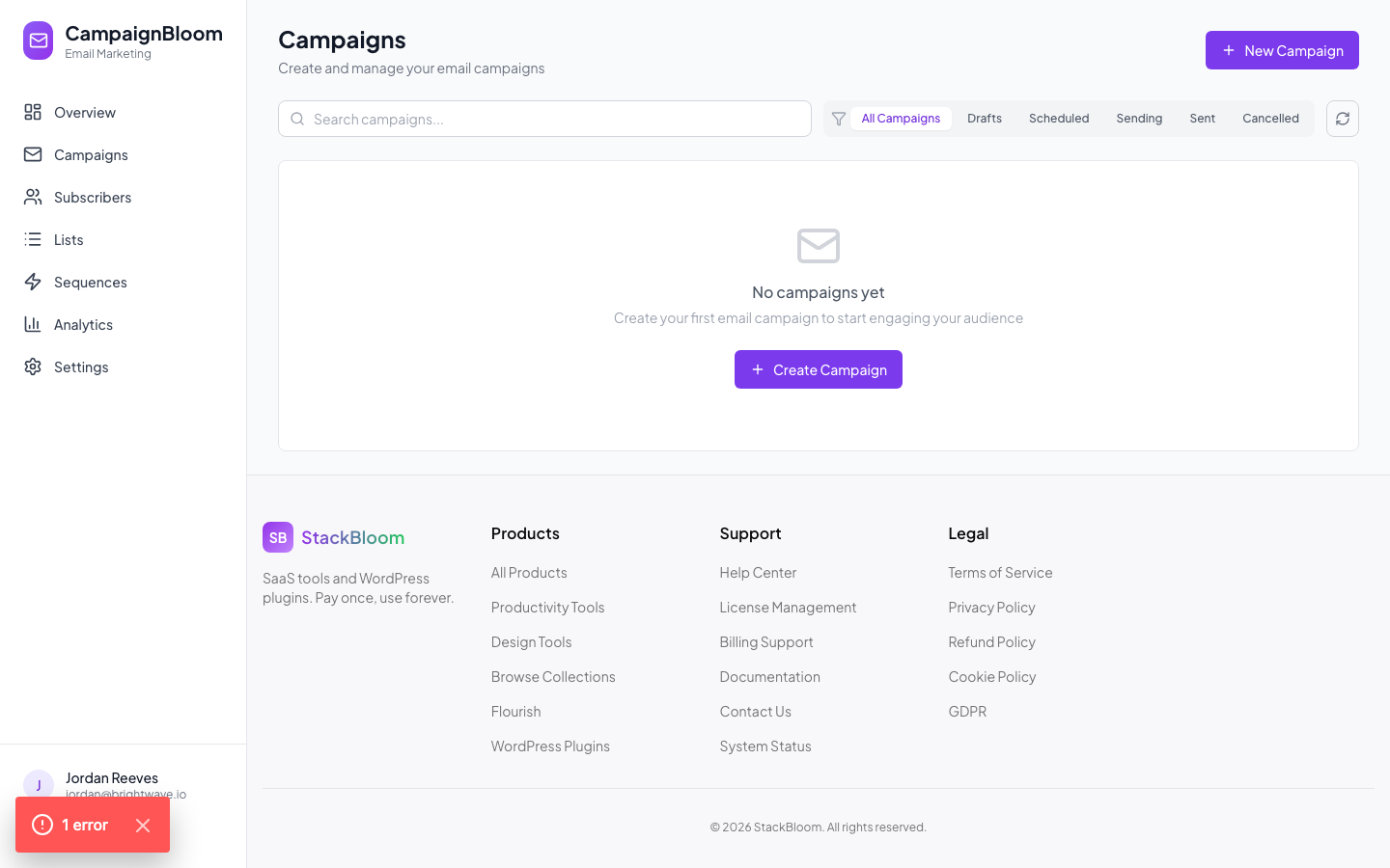 Campaign list with open rates and click rates