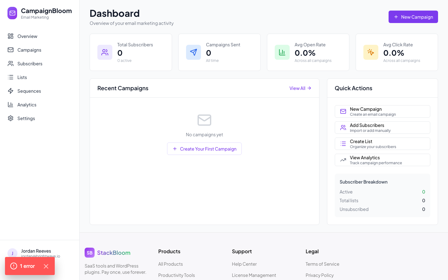 CampaignBloom dashboard showing campaign overview and subscriber stats