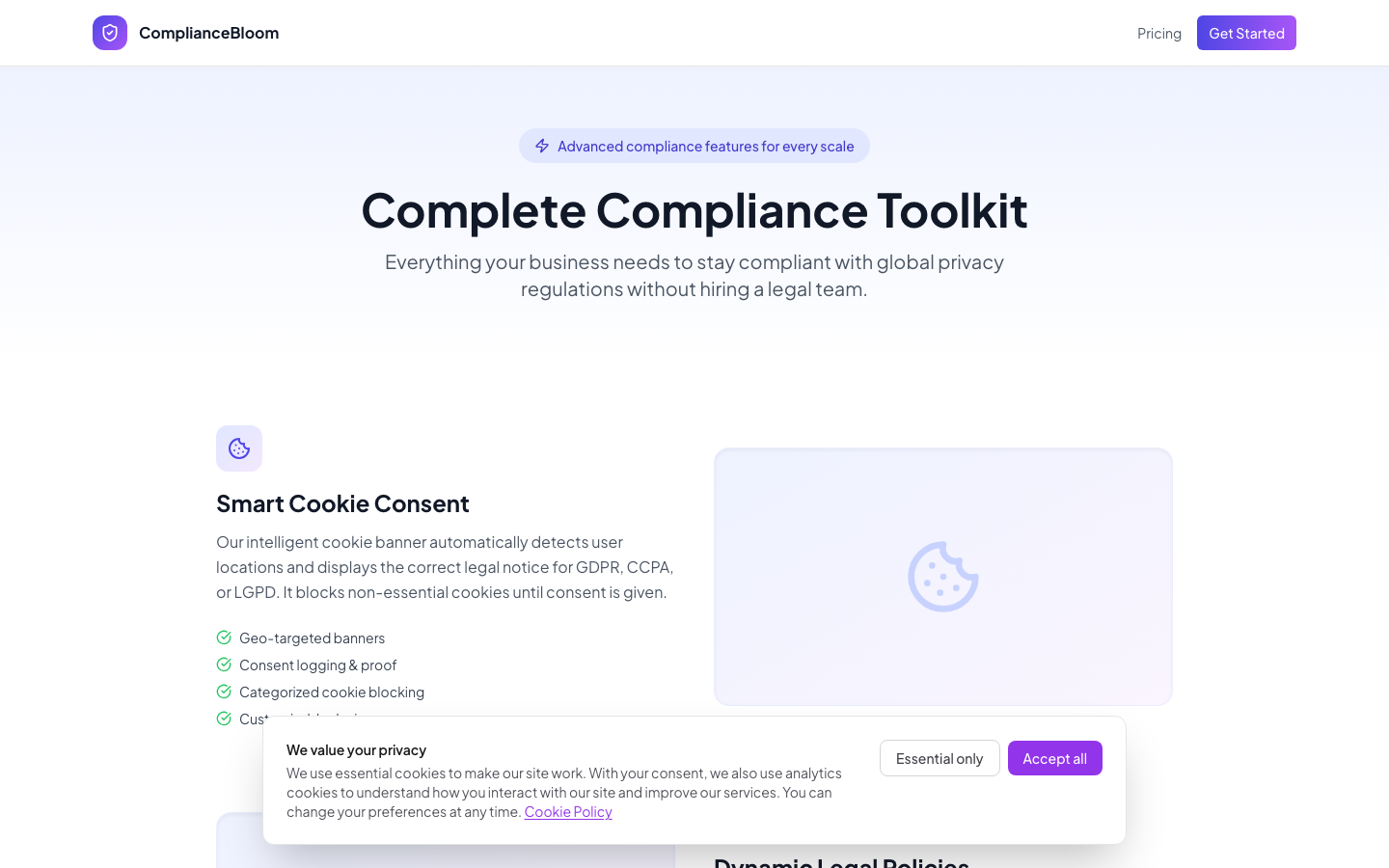 ComplianceBloom features including GDPR data requests and multi-jurisdiction support