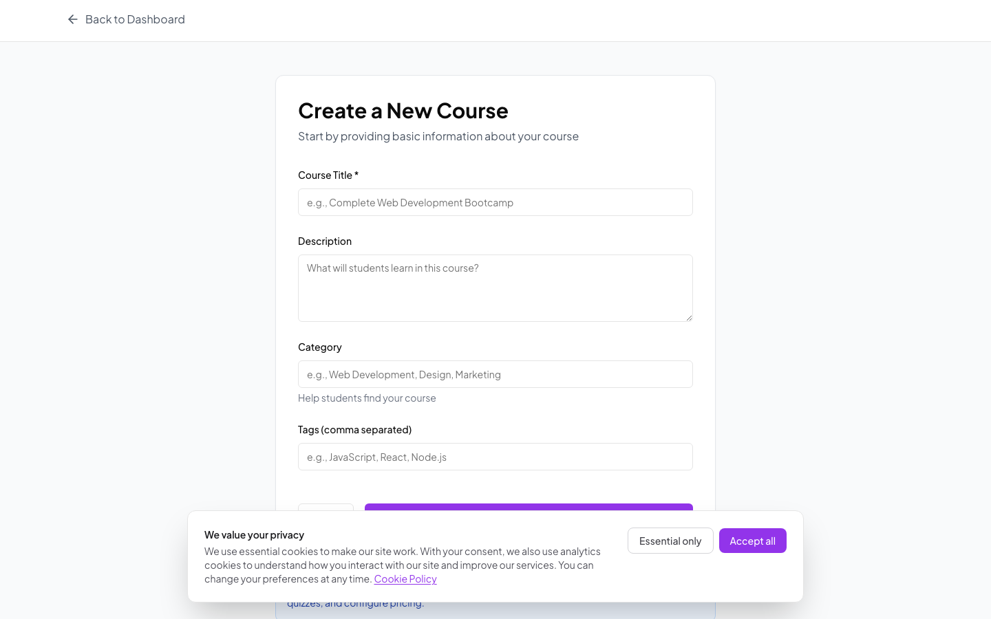 Course builder with modules, lessons, and content editor