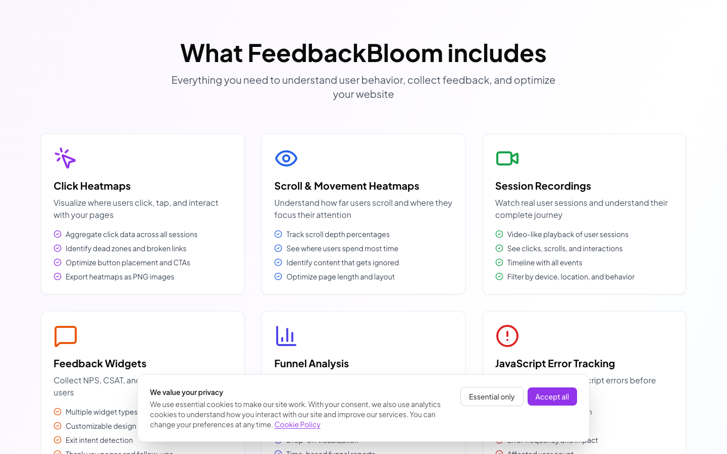 FeedbackBloom features including rage click detection and funnel analysis
