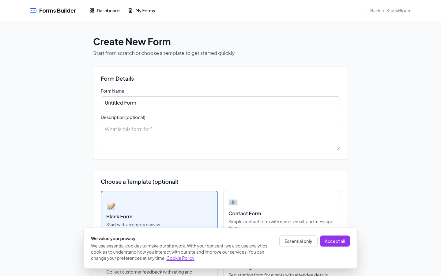 Drag-and-drop form builder with field types sidebar