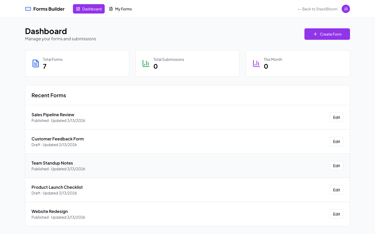 Forms dashboard showing all your forms with submission counts