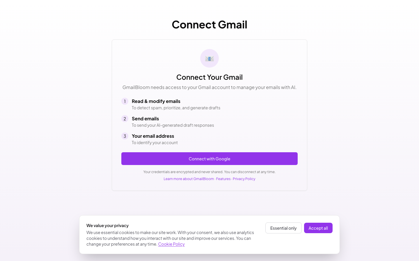 Gmail connection setup with OAuth authorization
