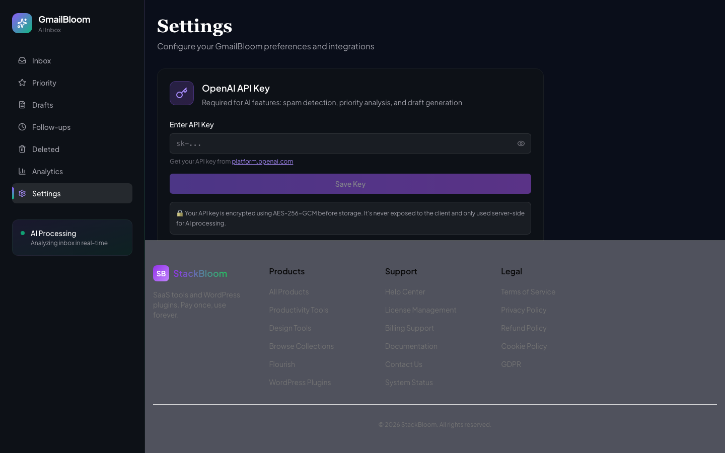Settings page for AI configuration and category management