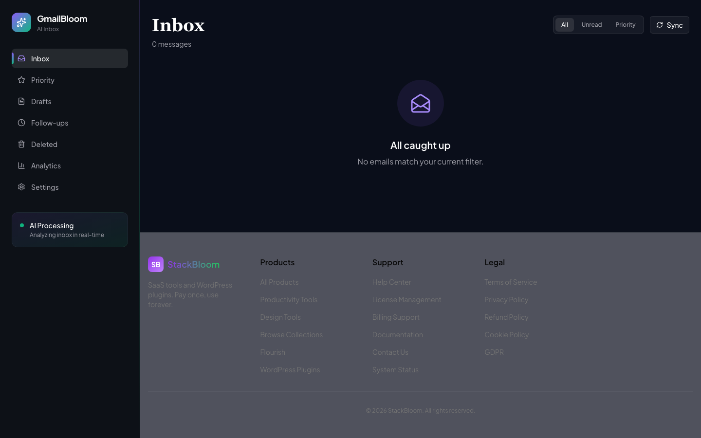 GmailBloom dashboard showing email categories, AI classifications, and inbox overview