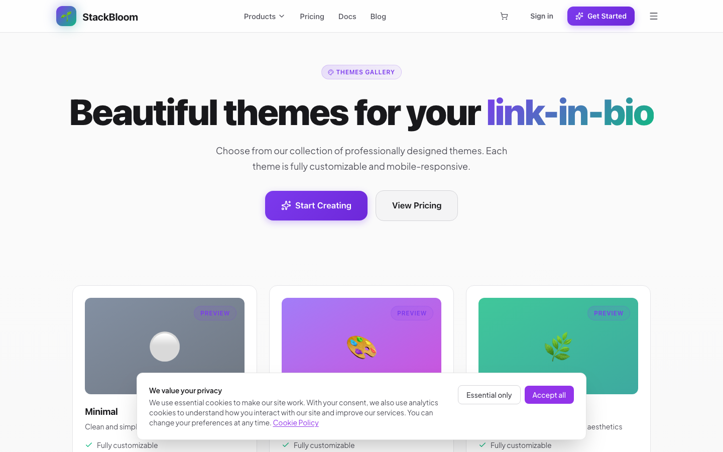 LinkBloom theme gallery with 25+ customizable themes